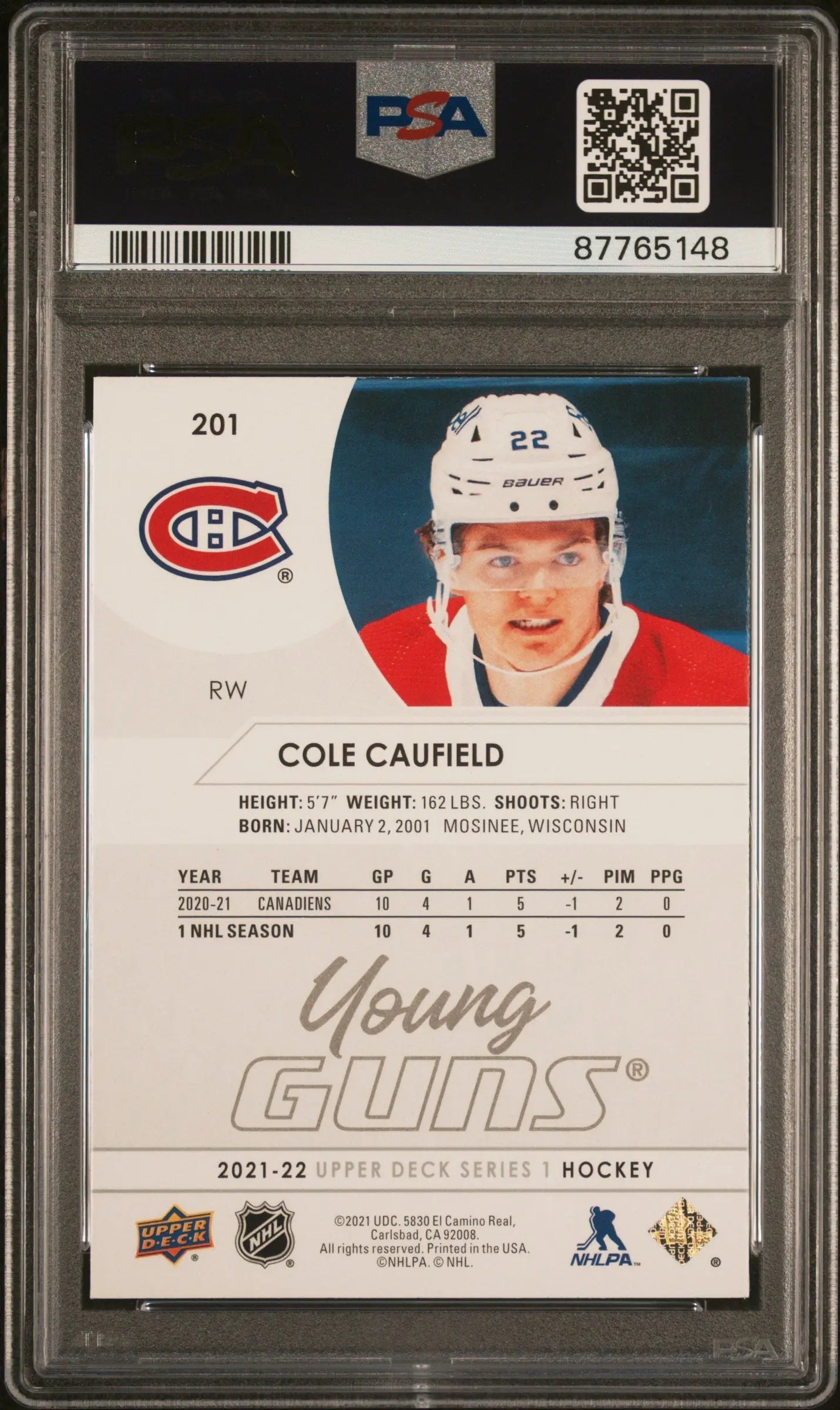 2021-2022 Upper Deck Series 1 Young Guns Rookie Cole Caufield RC PSA 10 