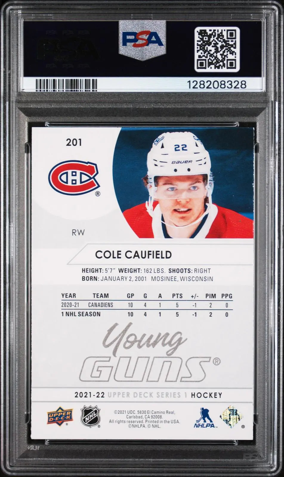 2021-2022 Upper Deck Series 1 Young Guns Rookie Cole Caufield RC PSA 8 