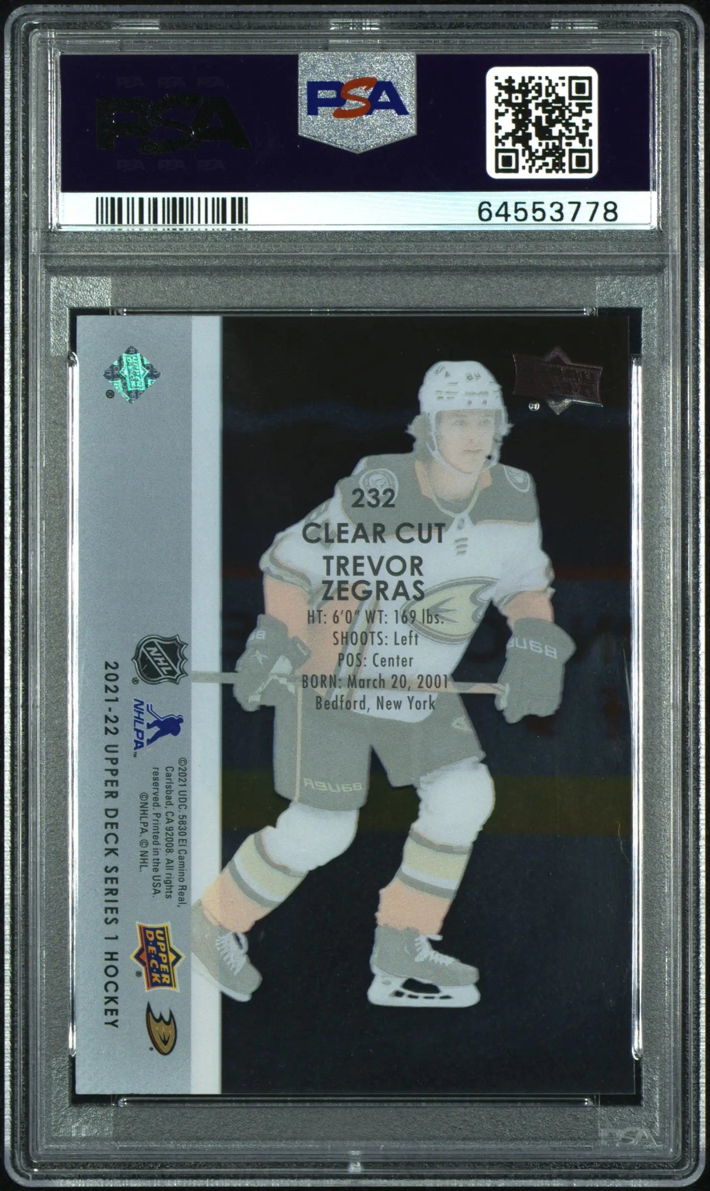 2021-2022 Upper Deck Series 1 Young Guns Rookie Trevor Zegras Clear Cut PSA 10 