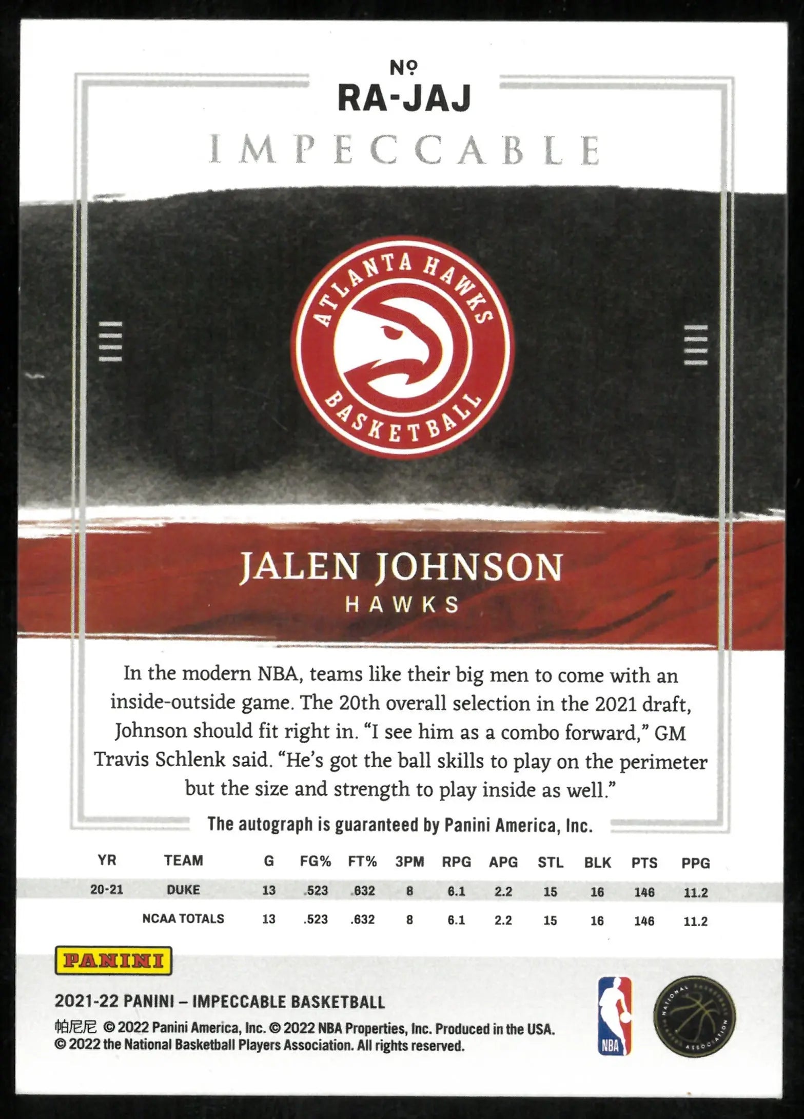 2021-22 Impeccable Basketball Jalen Johnson RC Rookie Auto /25 