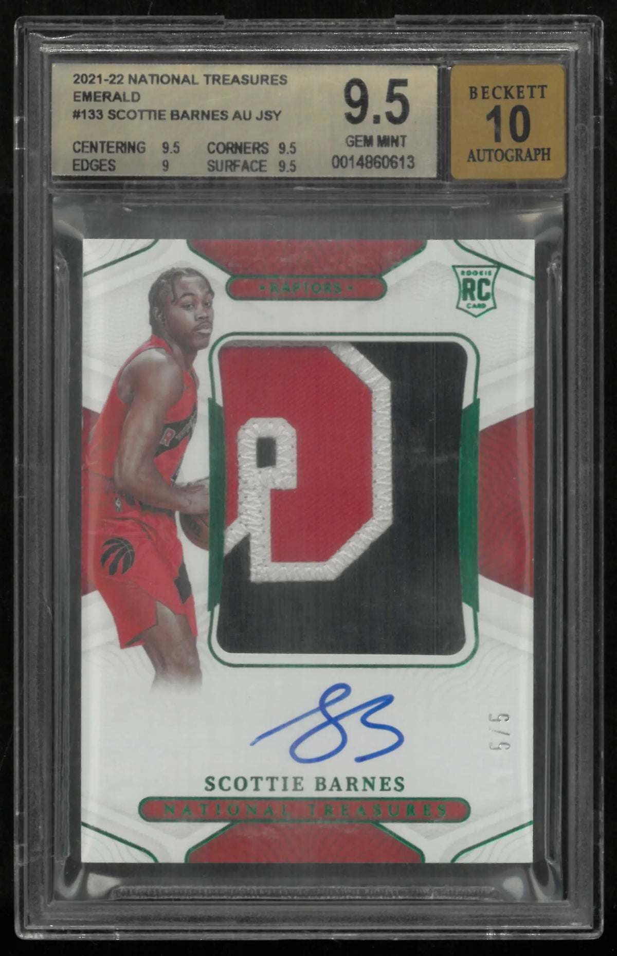 2021-22 Panini NT Rookie Autograph Patch Scottie Barnes Emerald 5/5 BGS 9.5 