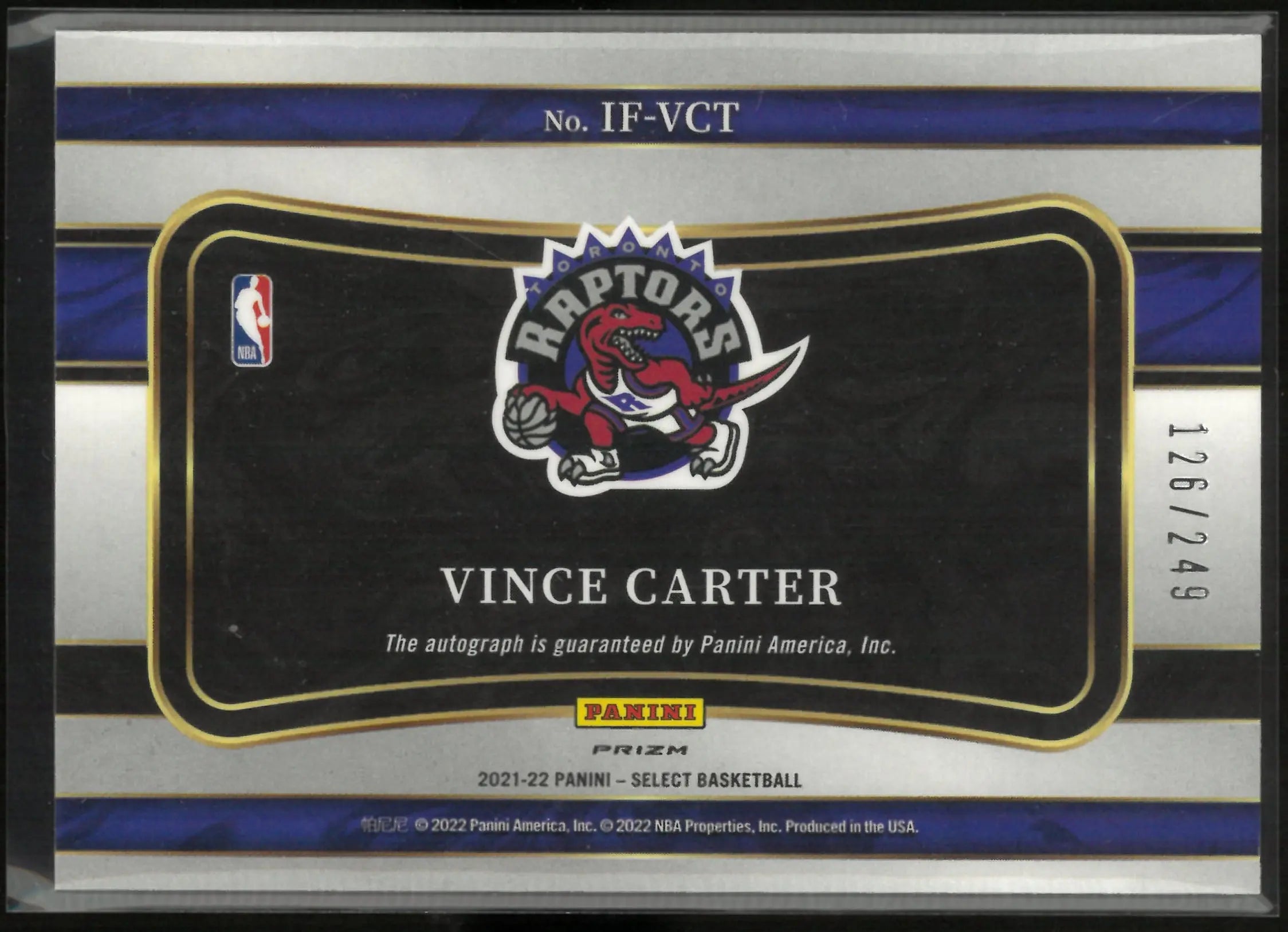 2021-22 Panini Select In Flight Autograph Vince Carter Auto 
