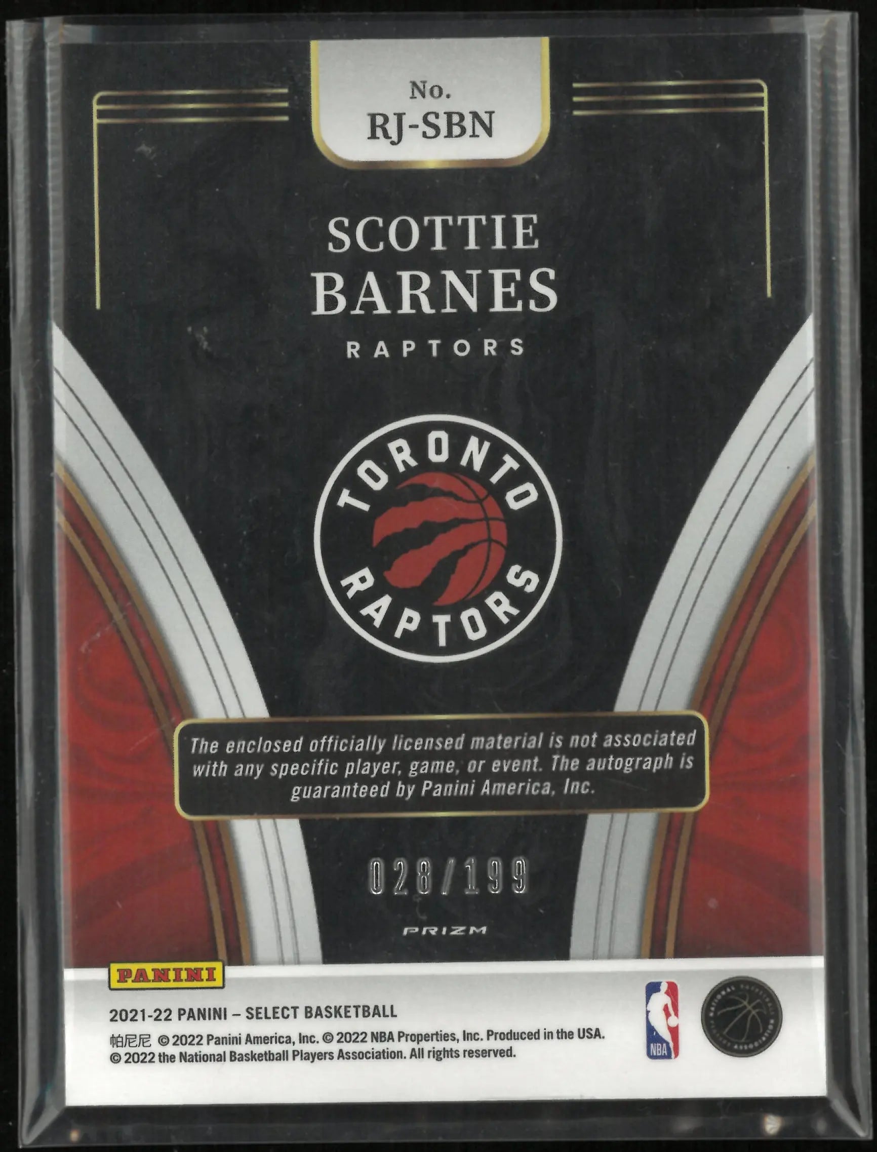 2021-22 Panini Select Scottie Barnes Rookie Patch Autograph Auto /199 