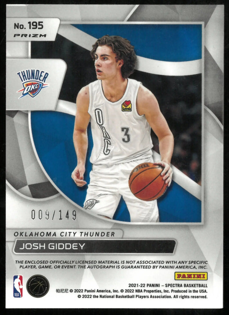 2021-22 Panini Spectra Silver Prizm Rookie Patch Auto Josh Giddey /149 
