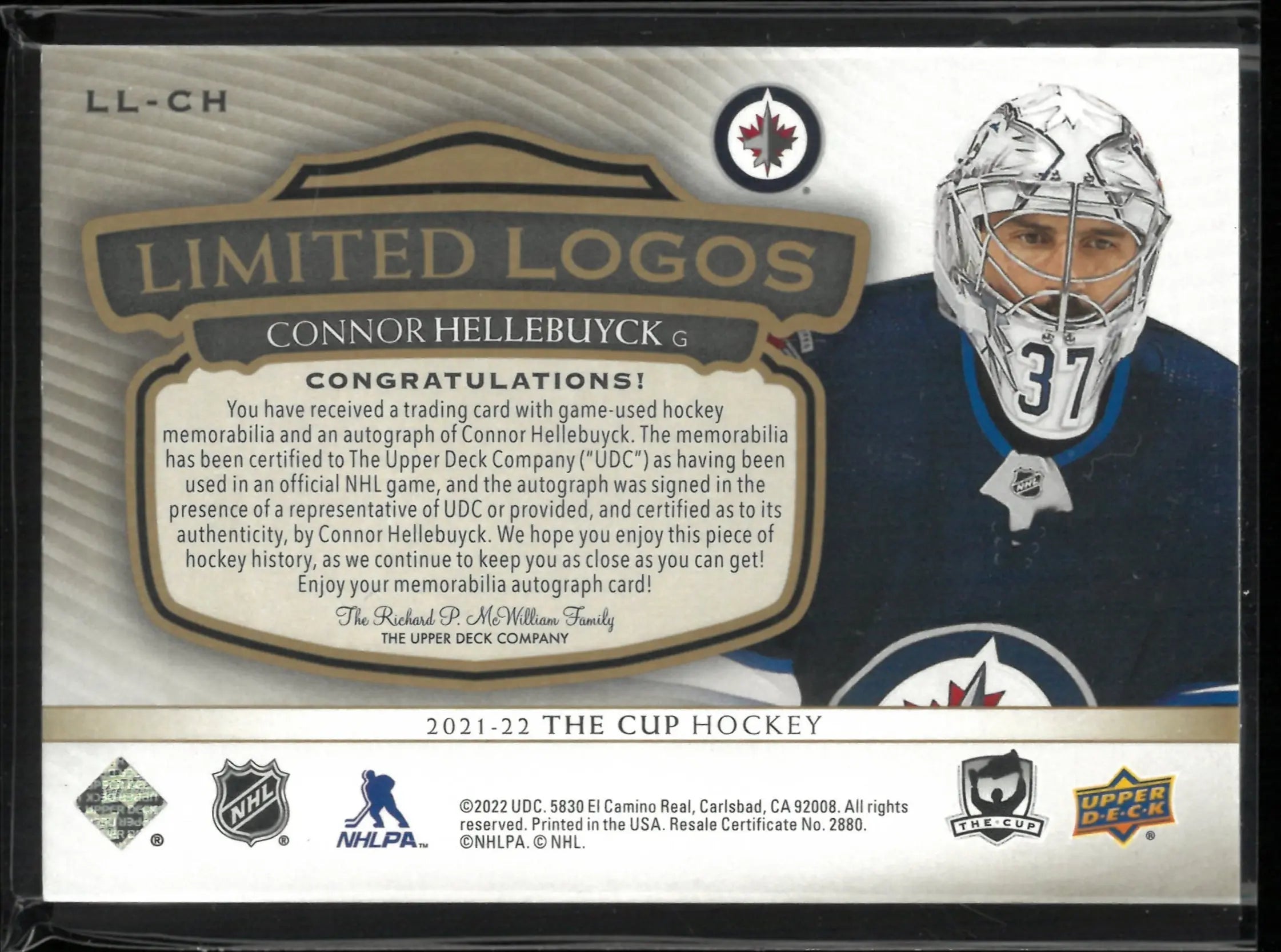 2021-22 The Cup Limited Logos Connor Hellebuyck Patch Autograph  /25 