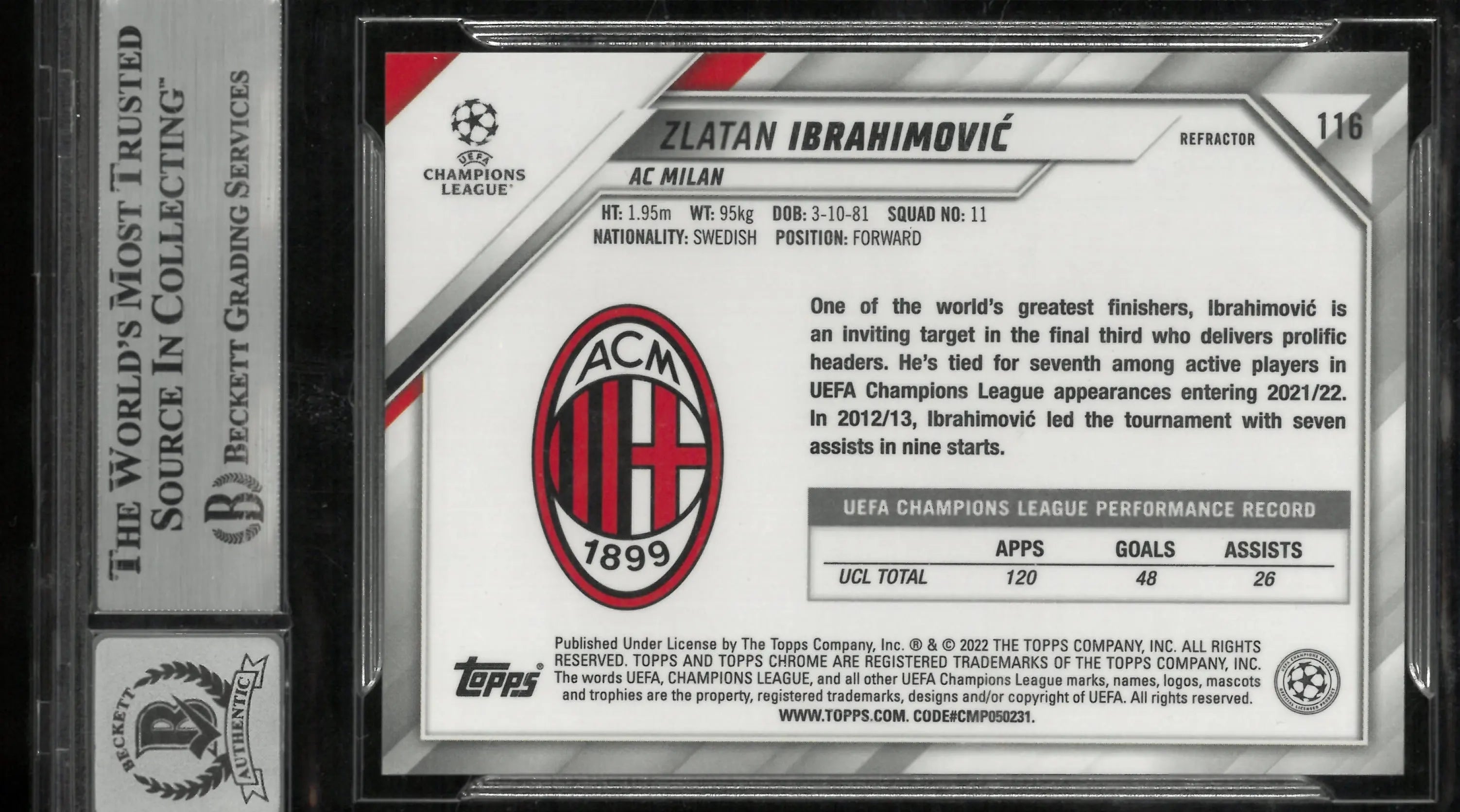 2021-22 Topps Chrome UCL Refractors Zlatan Ibrahimovic Auto Beckett 10 