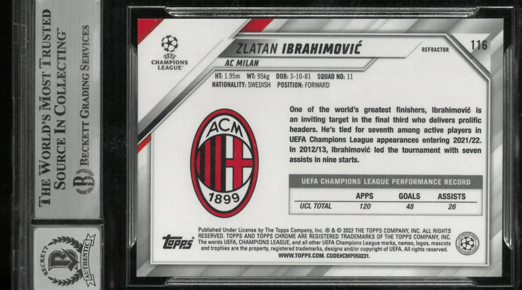 2021-22 Topps Chrome UCL Refractors Zlatan Ibrahimovic Auto Beckett 10 