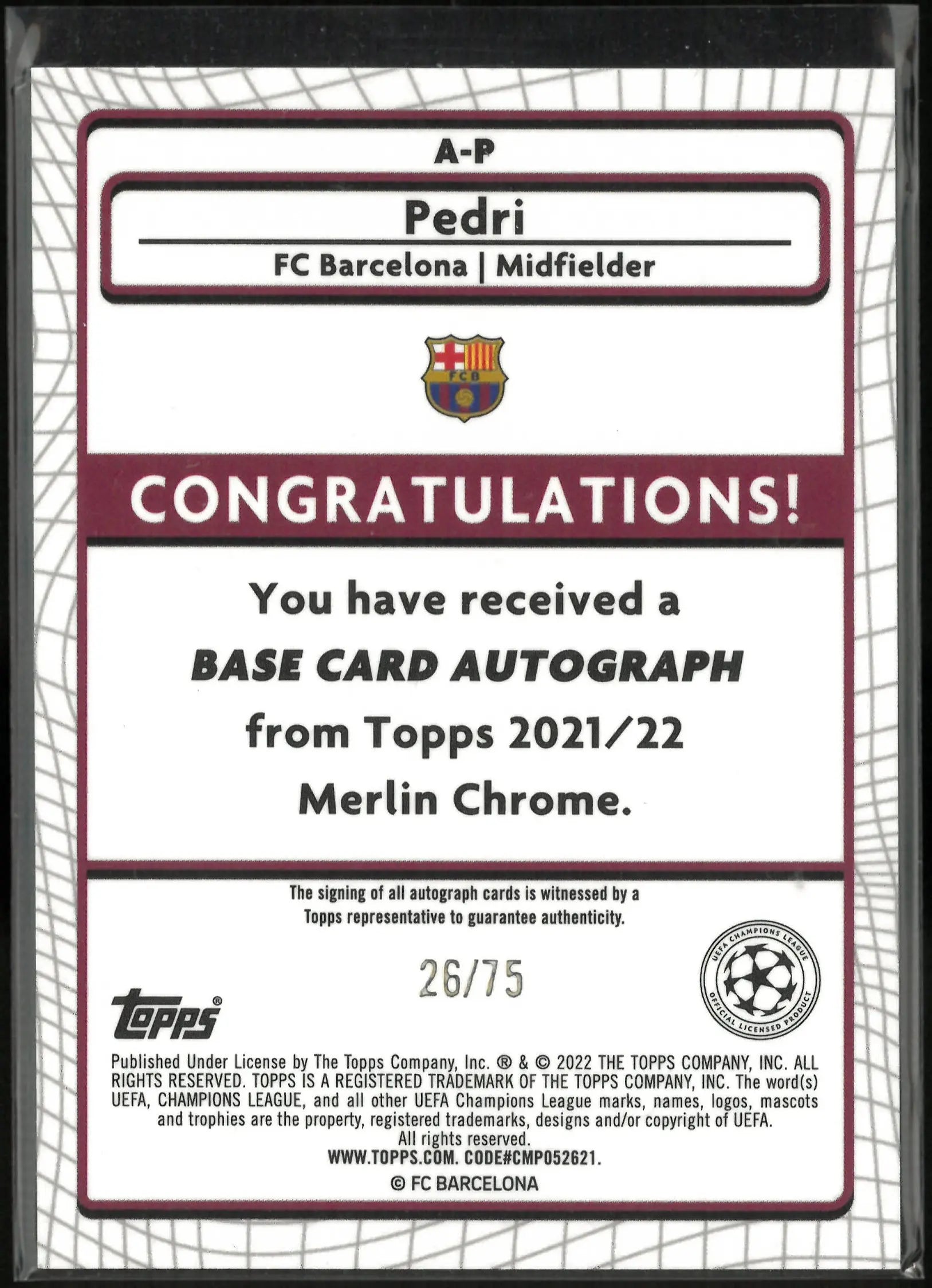 2021/22 Topps Merlin Chrome Autograph Pedri Auto Blue /75 