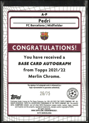 2021/22 Topps Merlin Chrome Autograph Pedri Auto Blue /75 