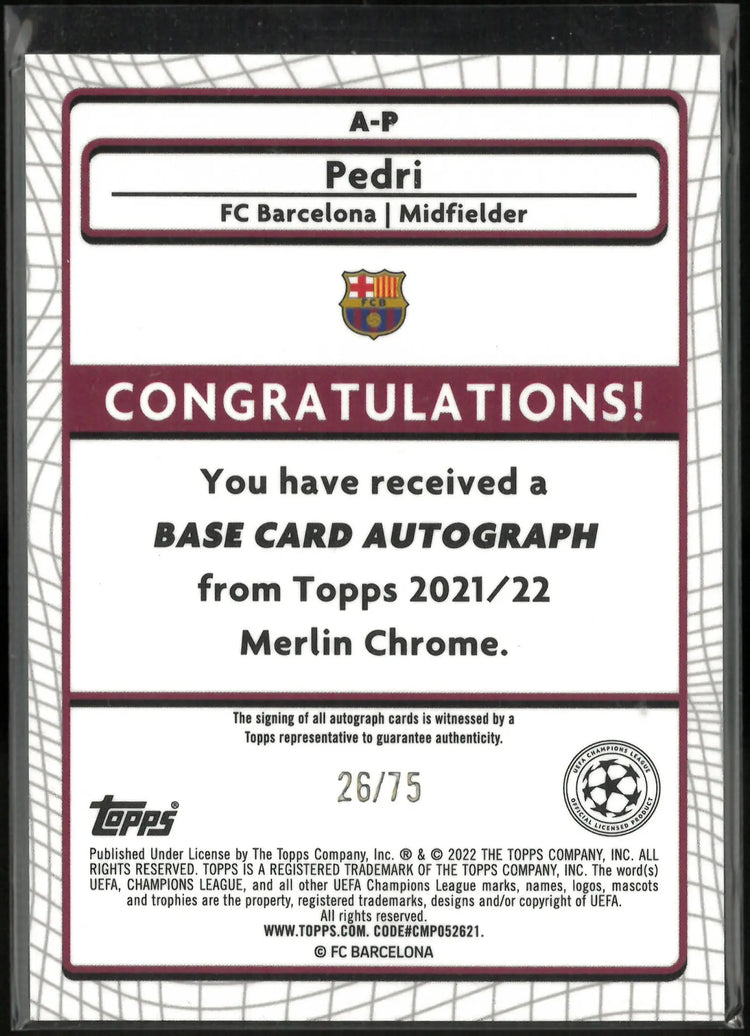 2021/22 Topps Merlin Chrome Autograph Pedri Auto Blue /75 