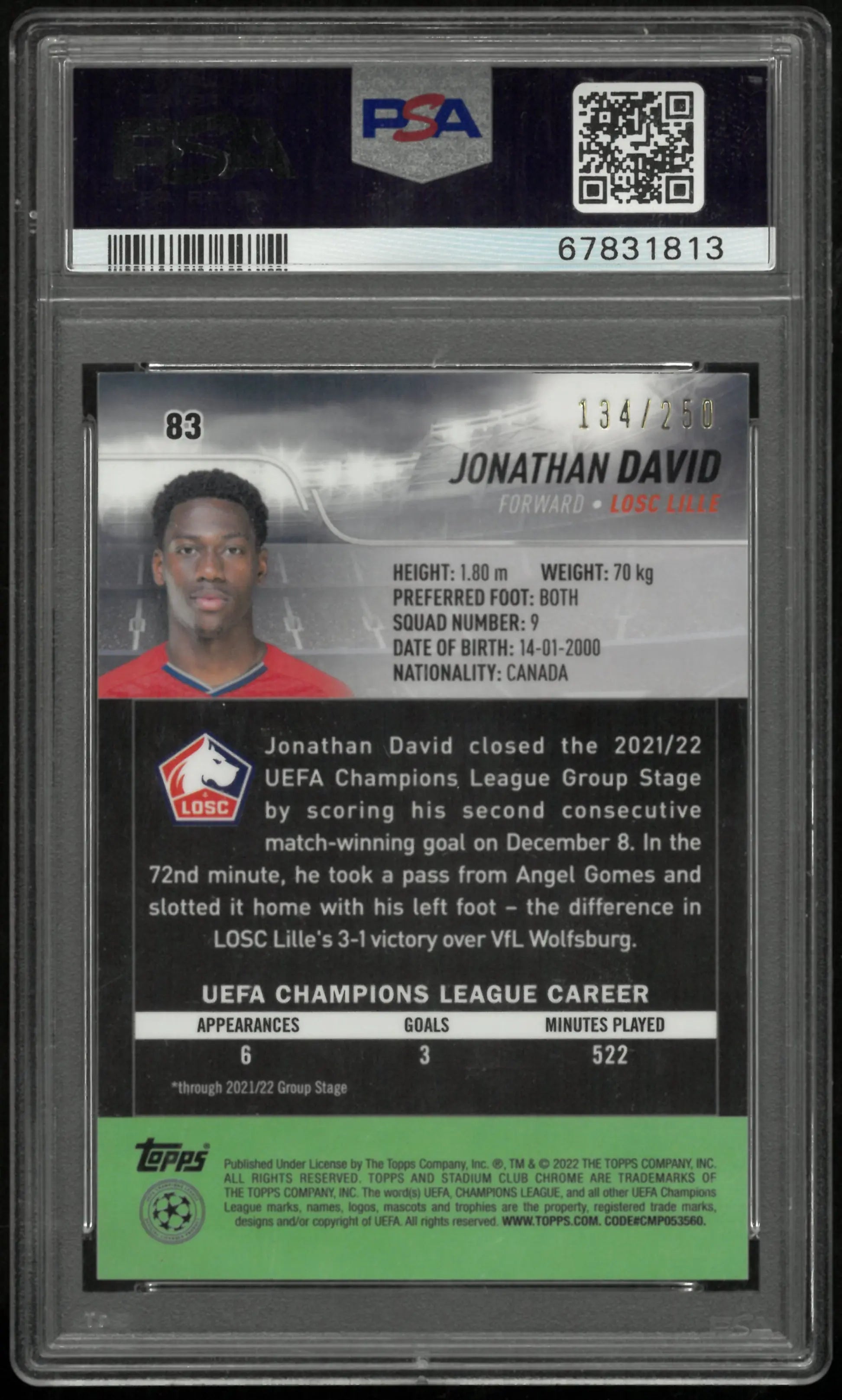 2021-22 Topps Stadium Chrome UEFA CL Jonathan David Aqua Wave Refractor PSA 10 