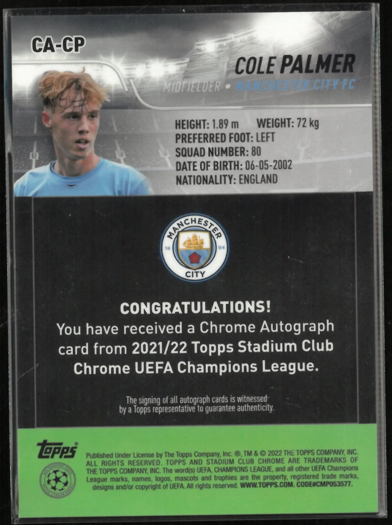 2021-22 Topps Stadium Club Chrome UEFA Champions League Cole Palmer Autograph Rookie RC 