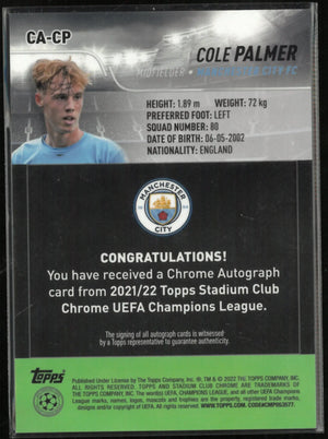 2021-22 Topps Stadium Club Chrome UEFA Champions League Cole Palmer Autograph Rookie RC 