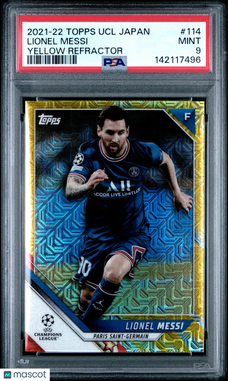 2021-22 Topps UCL Japan Edition Lionel Messi 114 Yellow Refractor PSA 9 /150 