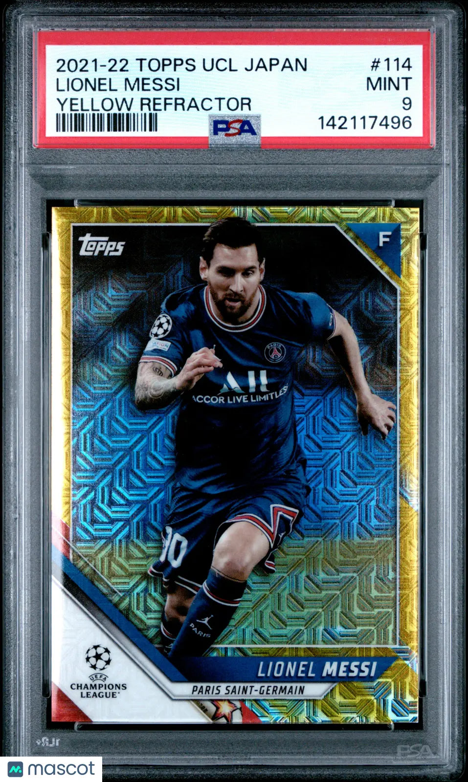 2021-22 Topps UCL Japan Edition Lionel Messi 114 Yellow Refractor PSA 9 /150 