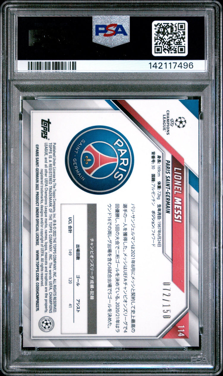 2021-22 Topps UCL Japan Edition Lionel Messi 114 Yellow Refractor PSA 9 /150 