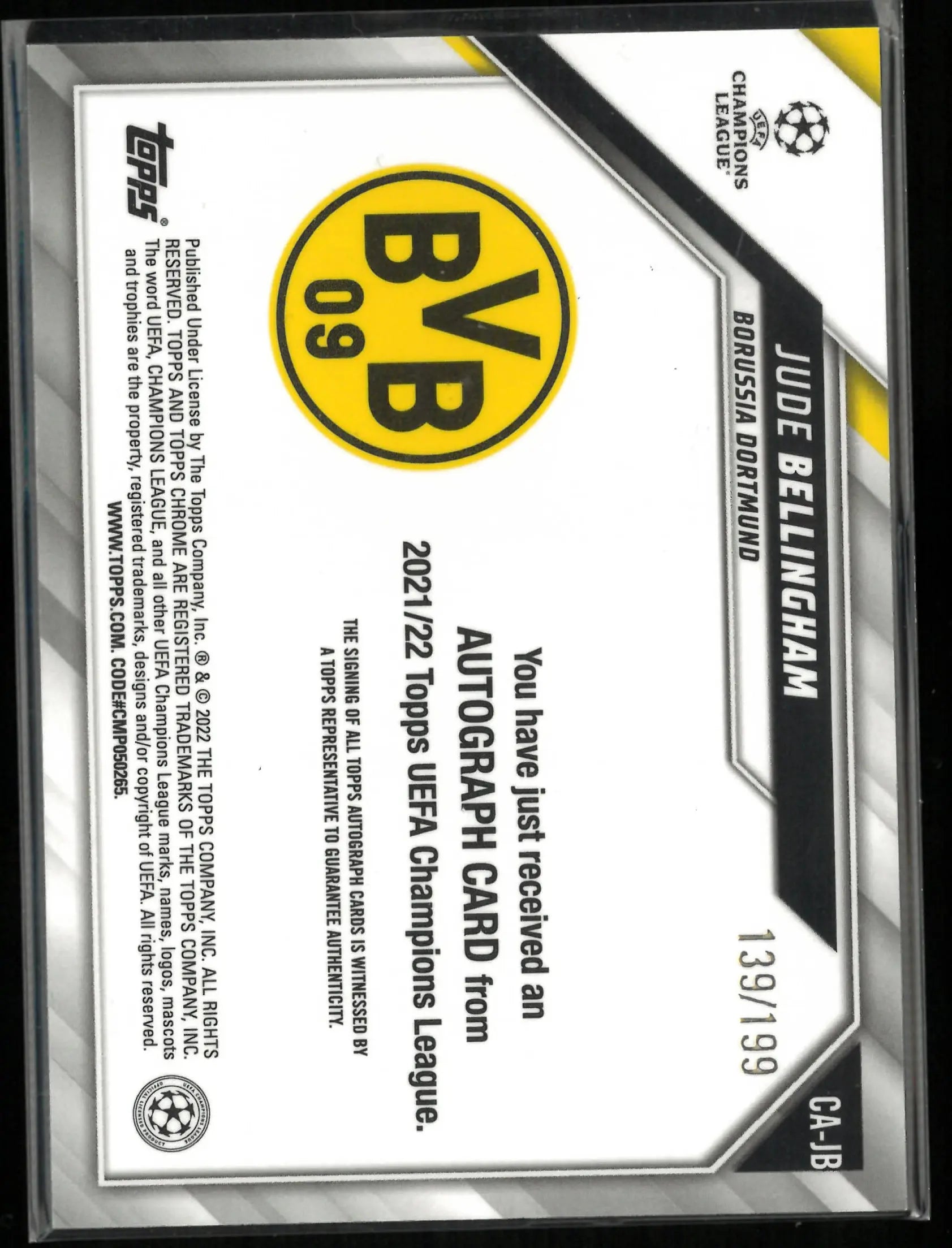 2021/22 Topps UEFA Champions League Autograph Jude Bellingham Auto Teal /199 