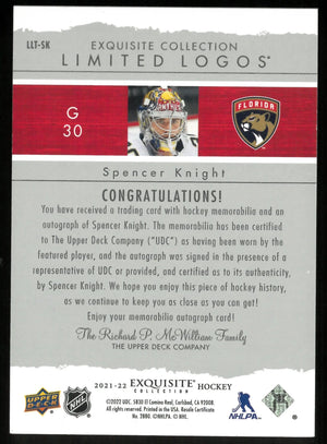 2021-22 UD Exquisite Hockey Spencer Knight RC Limited Logos Patch Auto /50 