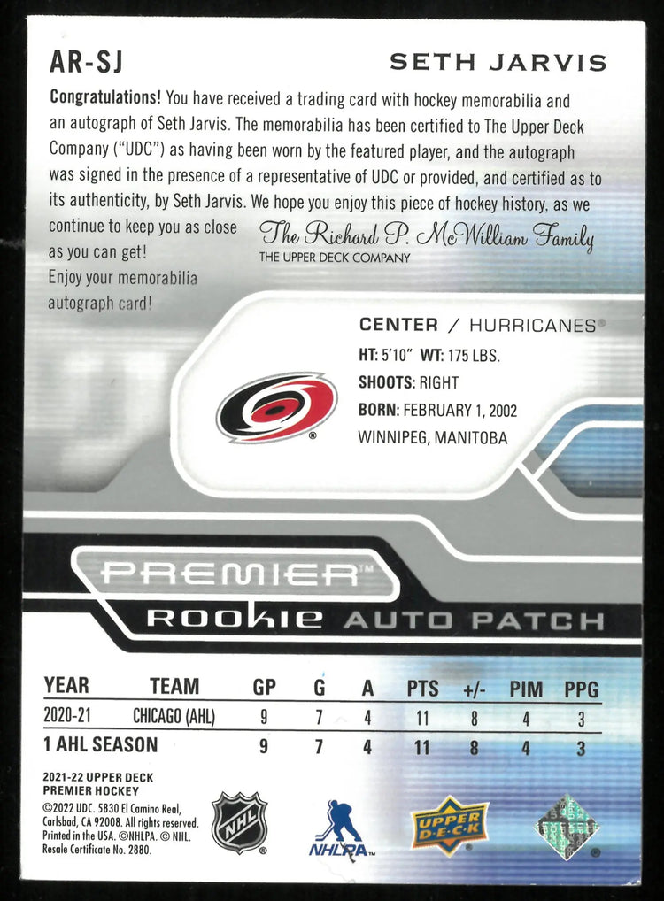 2021-22 UD Premier Seth Jarvis RC Rookie Patch Auto /249 
