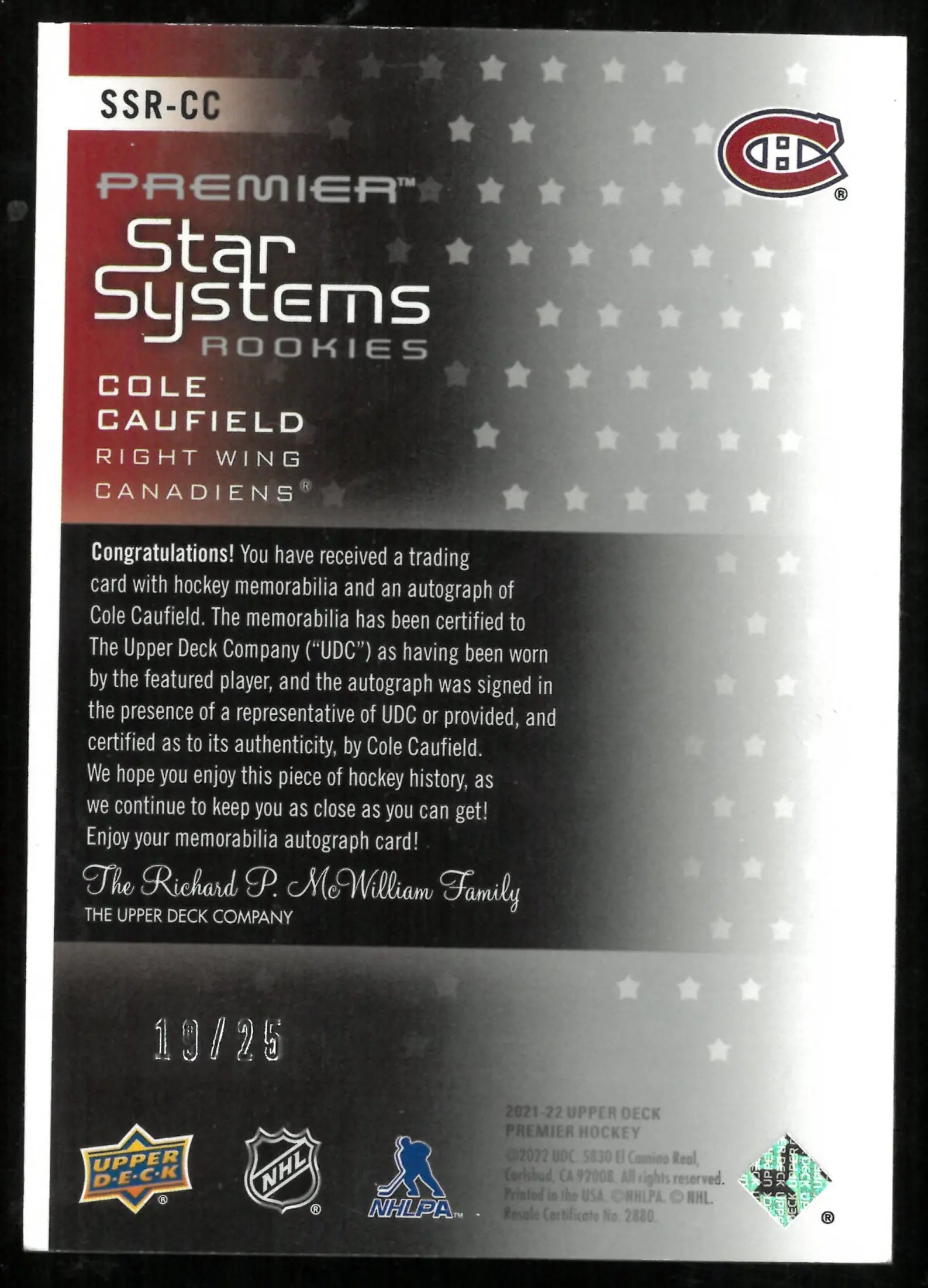 2021-22 UD Premier Star Systems RC Rookie Patch Auto Cole Caufield /25 
