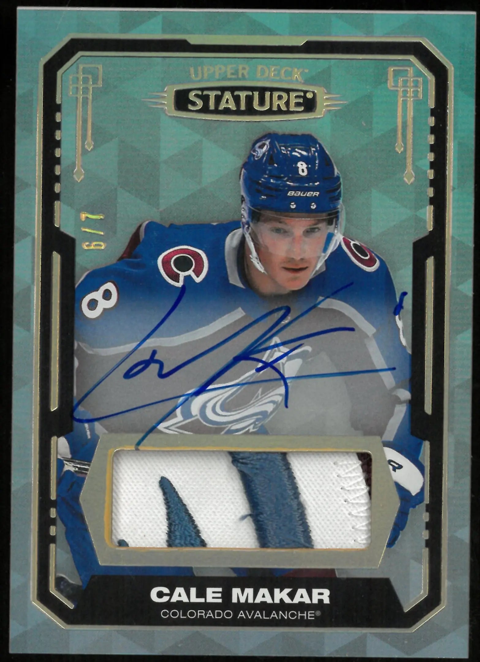 2021-22 UD Stature Hockey Cale Makar 3 Color Patch Auto /7 
