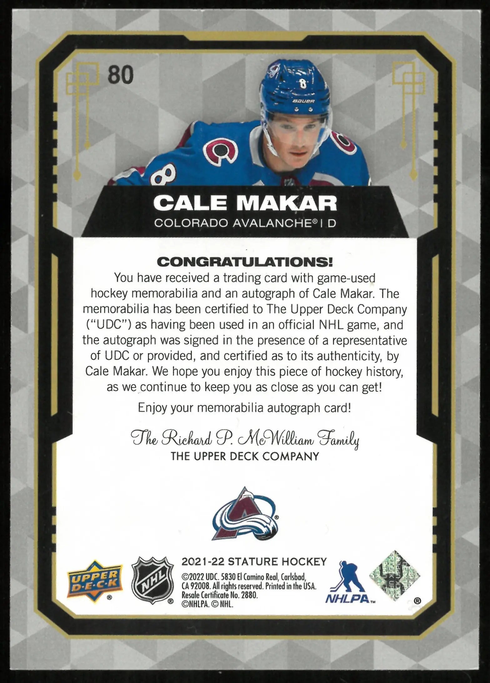 2021-22 UD Stature Hockey Cale Makar 3 Color Patch Auto /7 