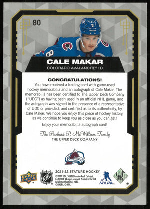 2021-22 UD Stature Hockey Cale Makar 3 Color Patch Auto /7 