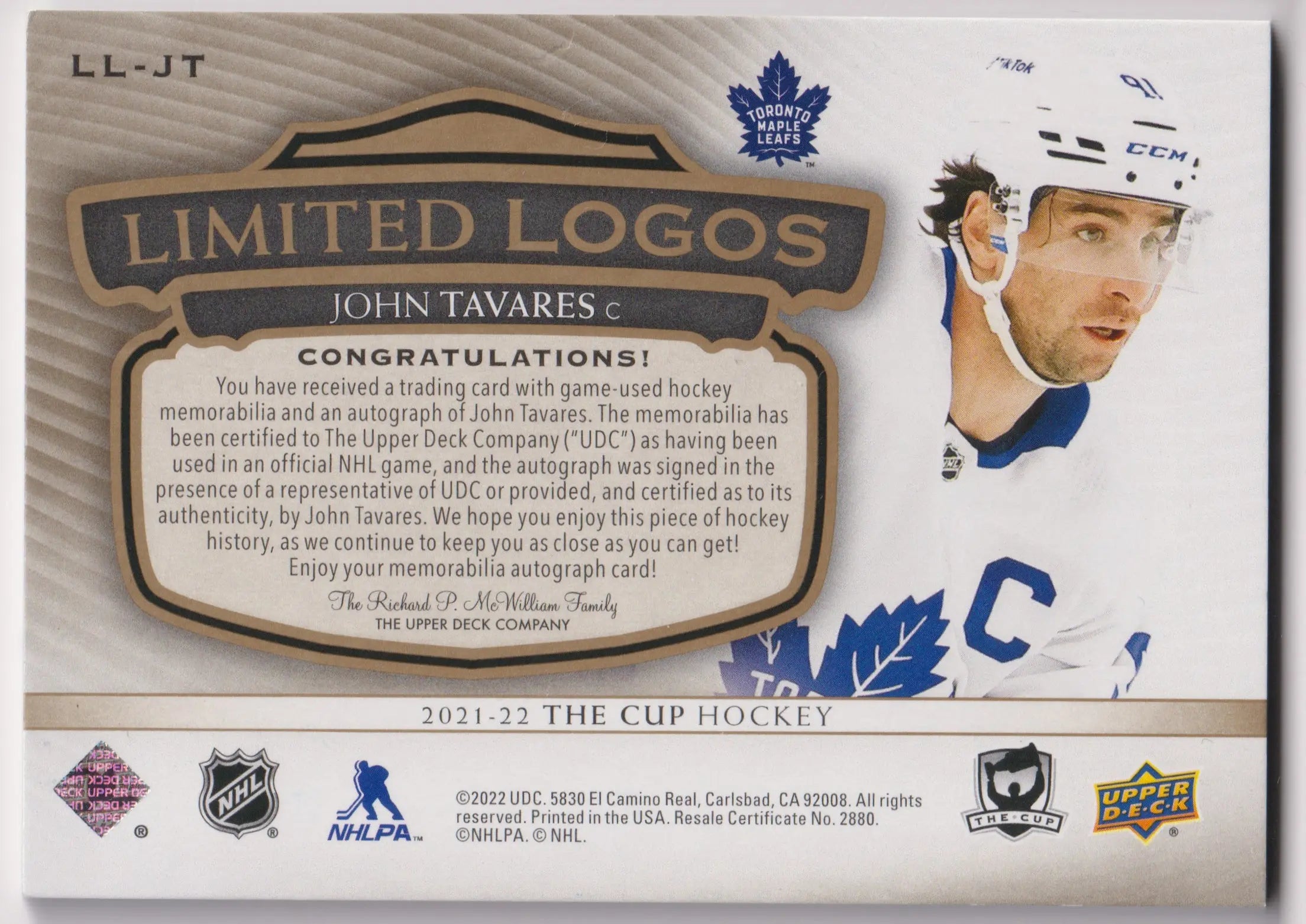 2021-22 UD The Cup Autograph Patch John Tavares Limited Logos Auto /25 
