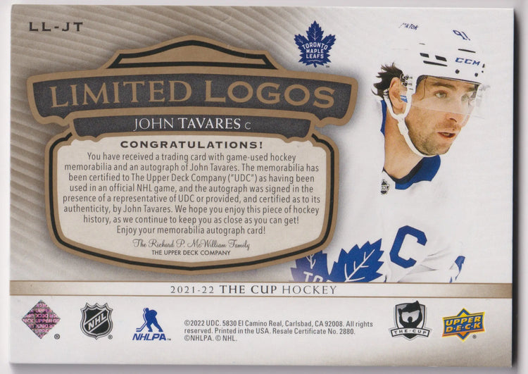 2021-22 UD The Cup Autograph Patch John Tavares Limited Logos Auto /25 