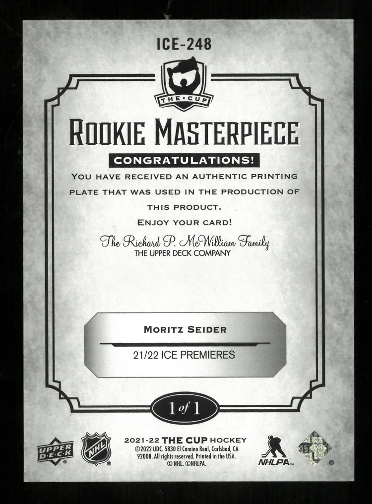 2021-22 UD The Cup Hockey Moritz Seider RC Masterpiece Magenta Printing Plate 1/1 