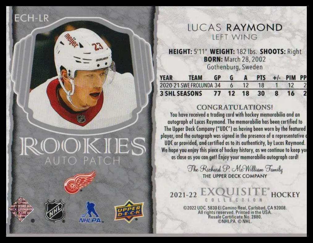 2021-22 UD The Cup Lucas Raymond Exquisite Collection Rookie Auto Patch #/25 