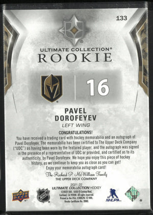 2021-22 UD Ultmiate Collection Rookie Patch Autograph Pavel Dorofeyev Auto RC/99 