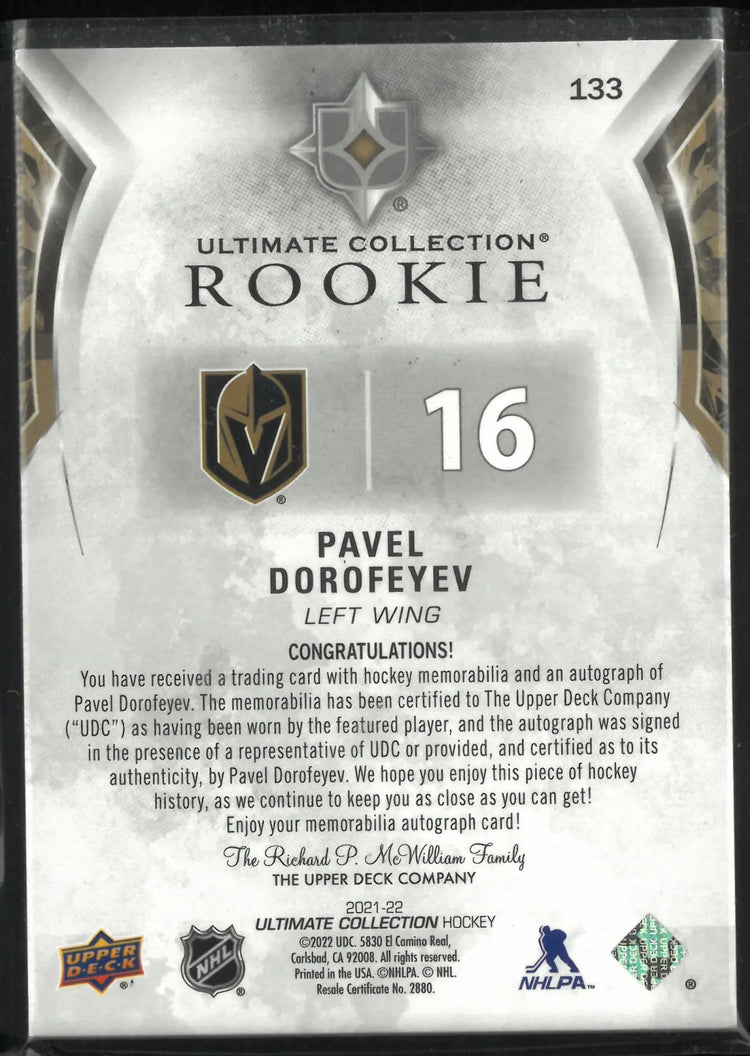 2021-22 UD Ultmiate Collection Rookie Patch Autograph Pavel Dorofeyev Auto RC/99 