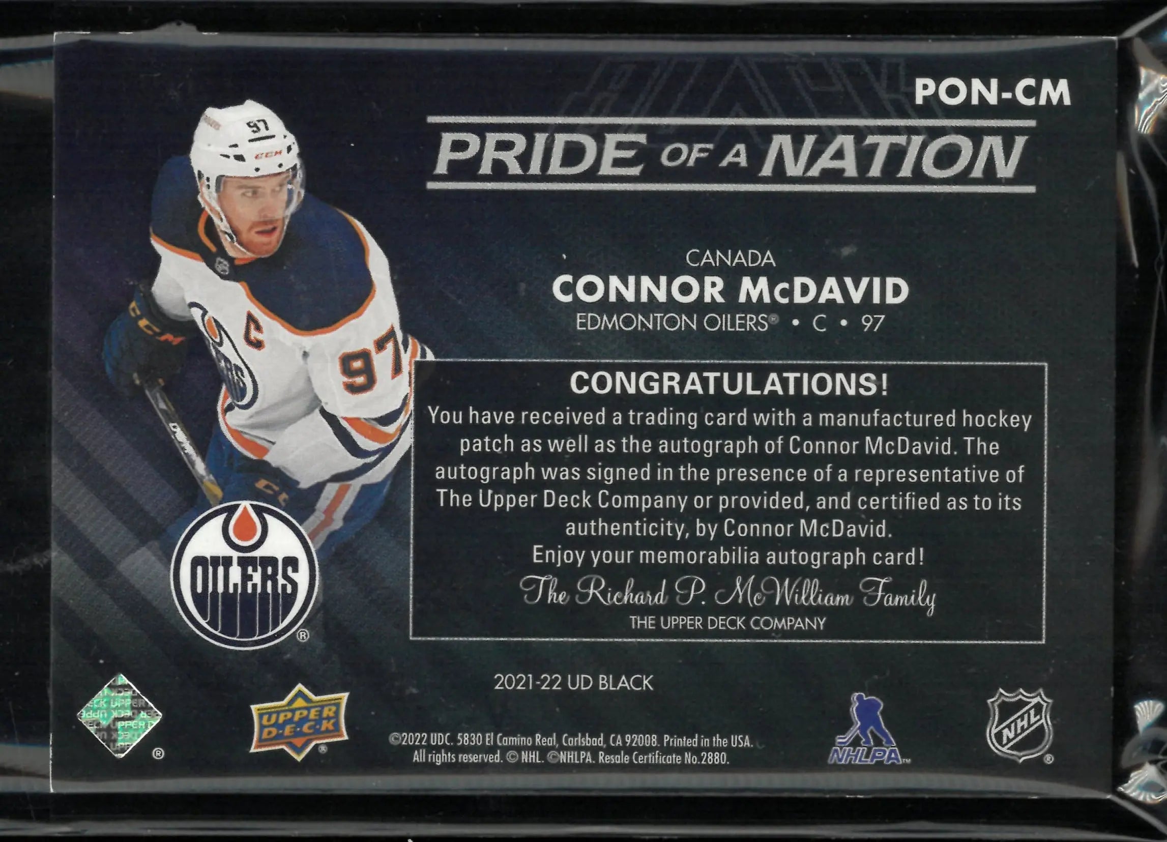 2021-22 Upper Deck Black Pride Of A Nation Patch Autograph Connor McDavid /25 