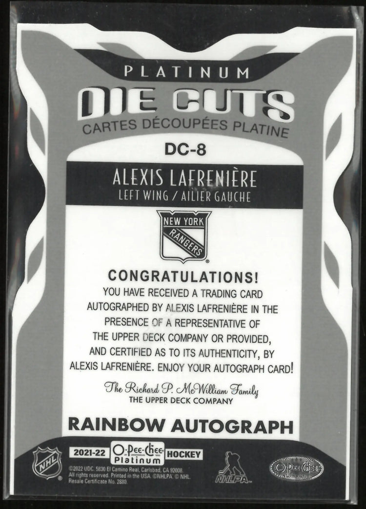2021-22 Upper Deck O-Pee-Chee Platinum Die Cuts Alexis Lafreniere Autograph Auto 