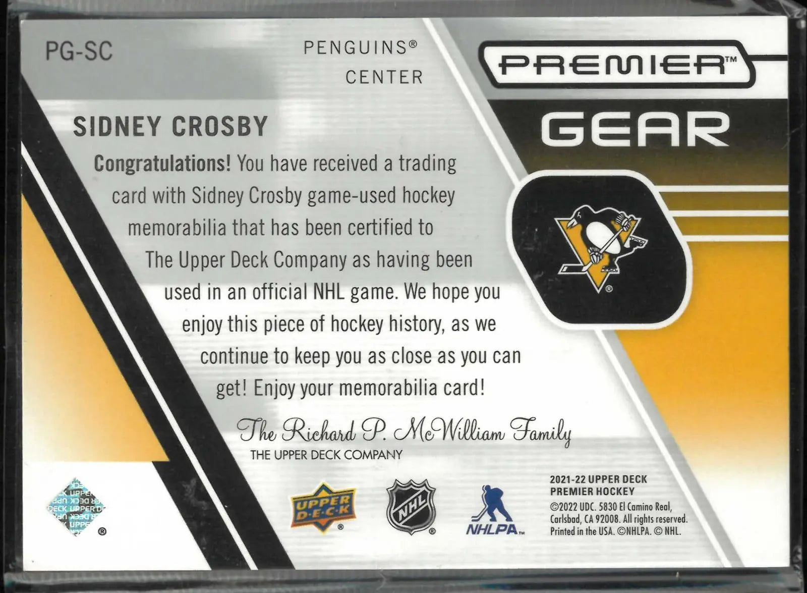 2021-22 Upper Deck Premier Gear Patch Sidney Crosby /49 