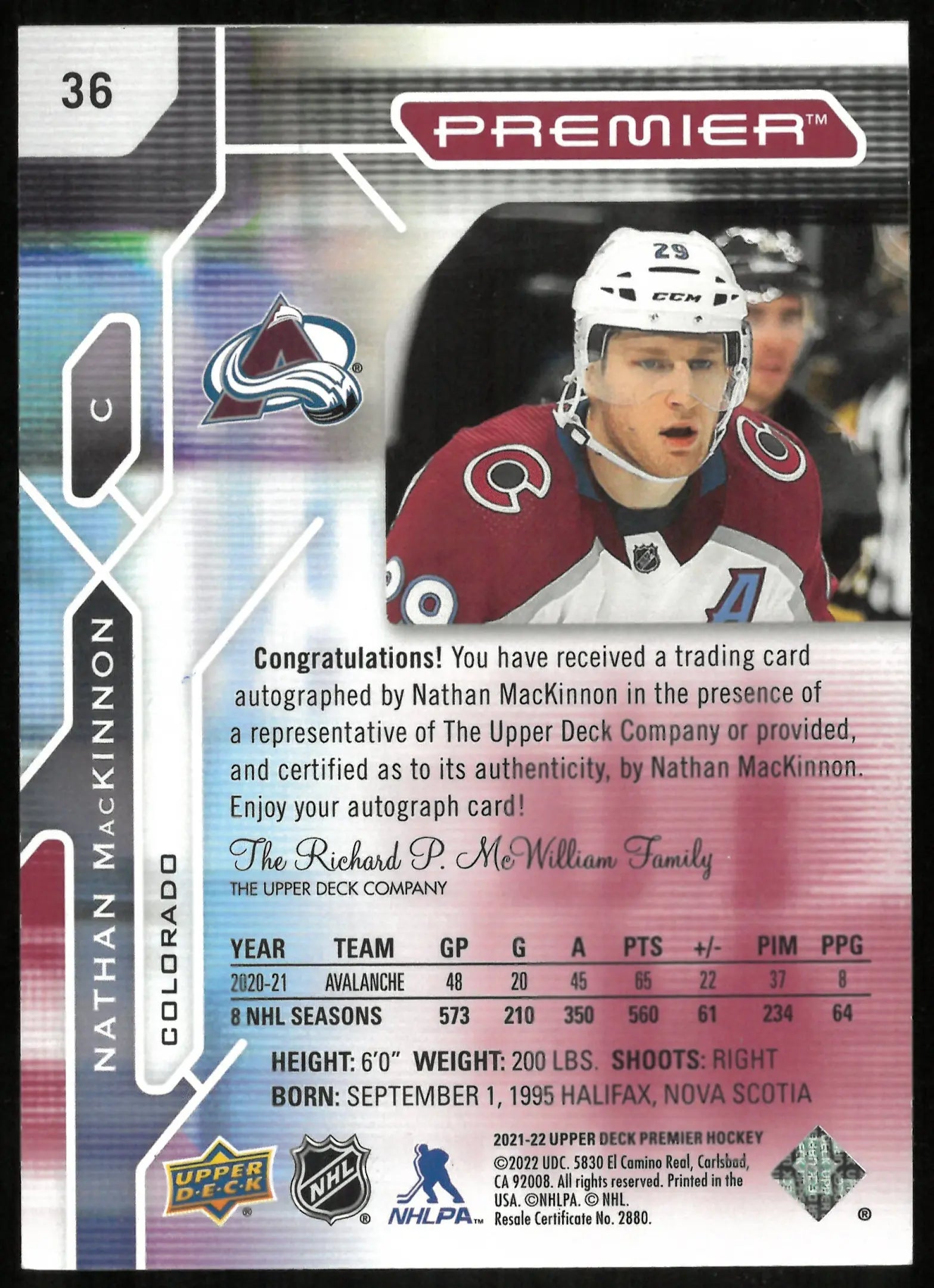 2021-22 Upper Deck Premier Red Auto Nathan MacKinnon 