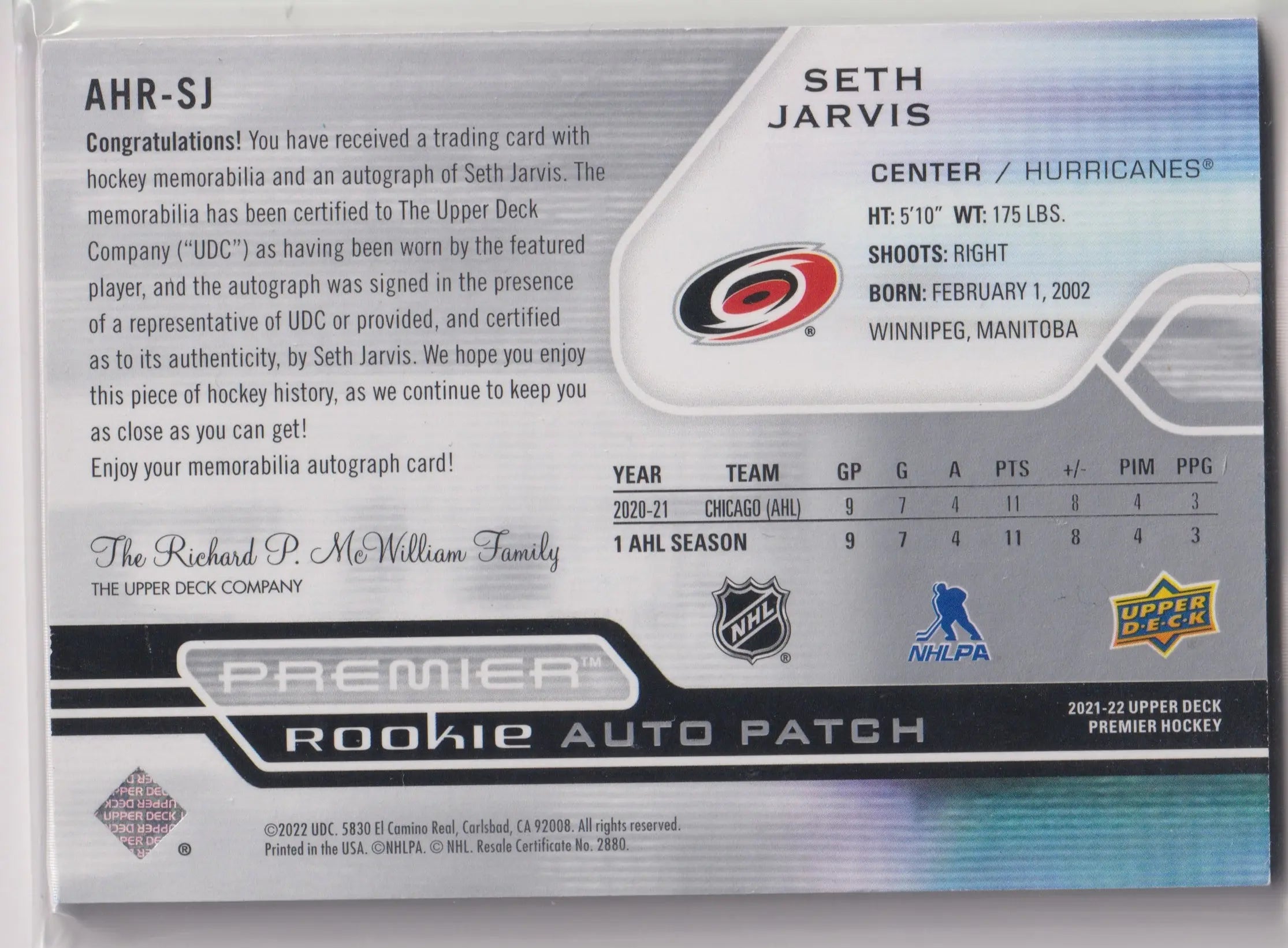 2021-22 Upper Deck Premier Rookie Patch Autograph Seth Jarvis Auto /99 