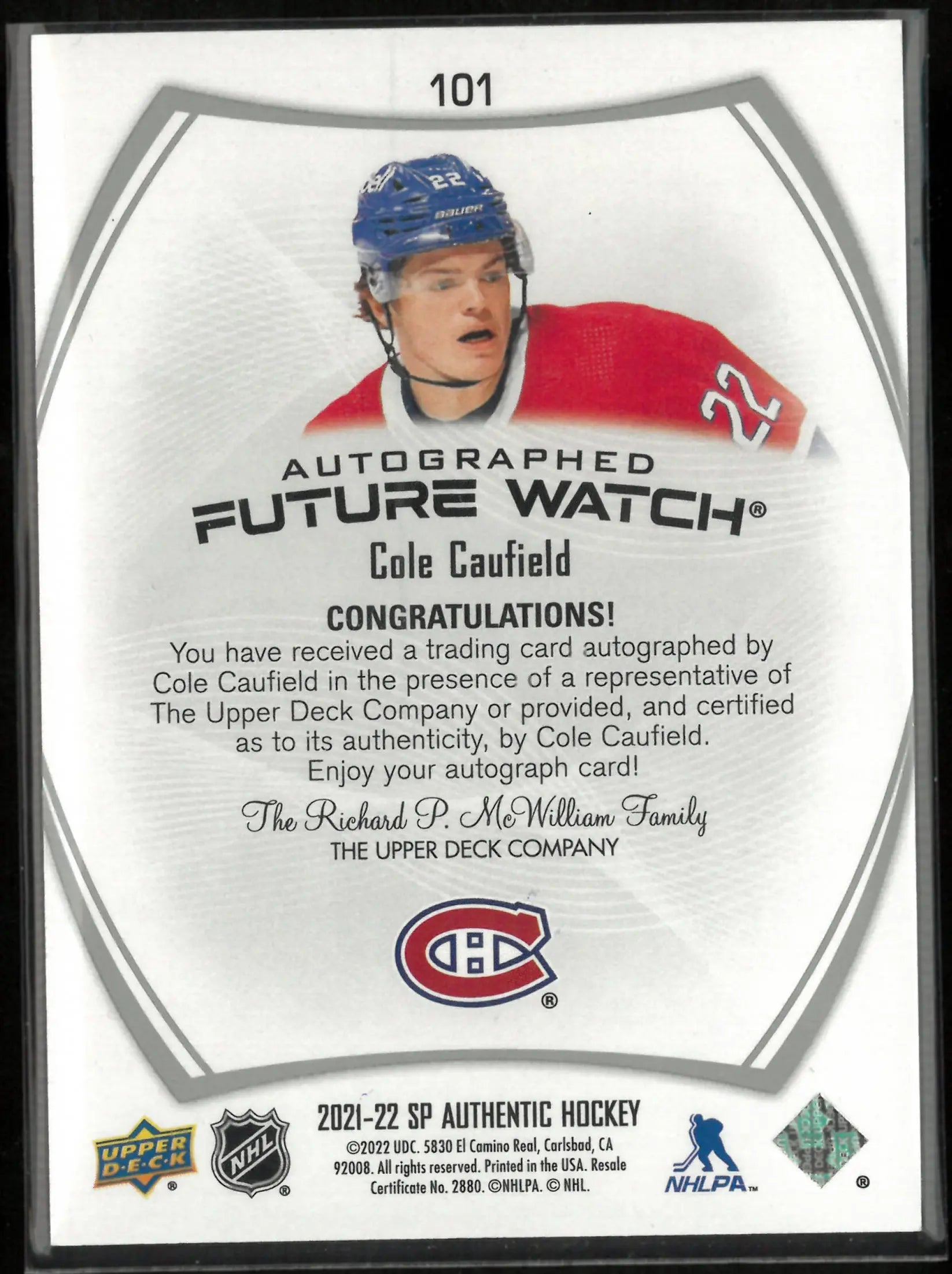 2021-22 Upper Deck SP Authentic Autograph Future Watch Cole Caufield Inscribed 45/999 