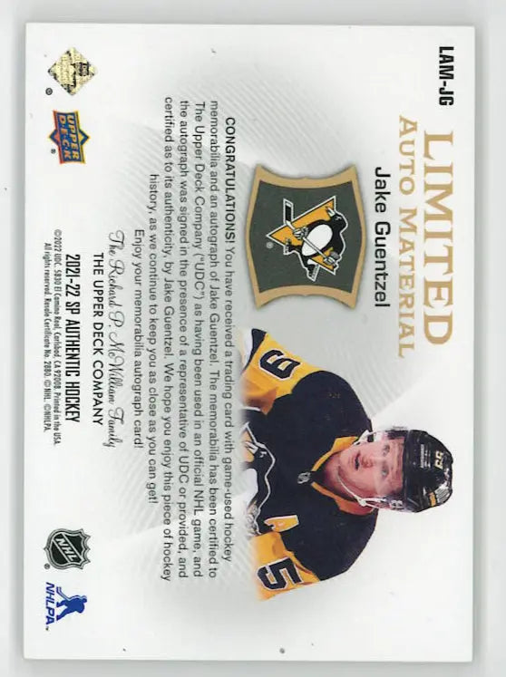 2021-22 Upper Deck SP Authentic Limited Autograph Patch Jake Guentzel Auto /50 