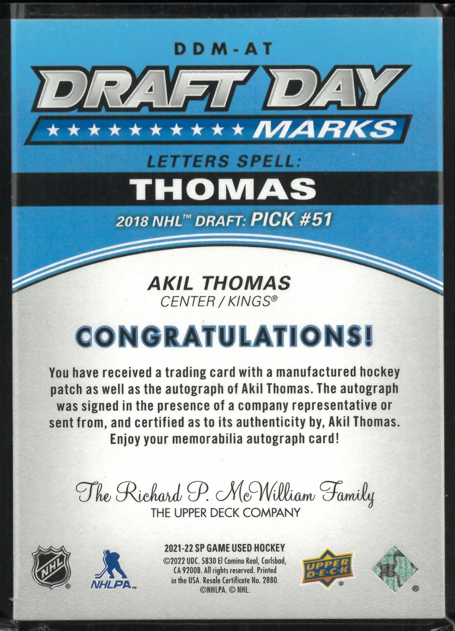 2021-22 Upper Deck SP Game Used Draft Day Marks Akil Thomas Patch Autograph /35 