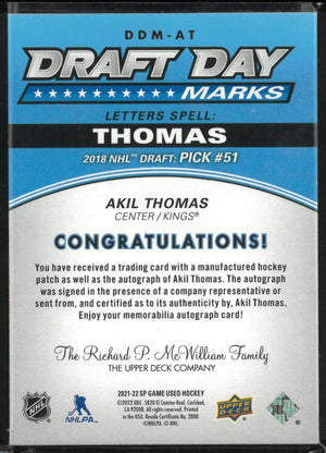 2021-22 Upper Deck SP Game Used Draft Day Marks Akil Thomas Patch Autograph /35 