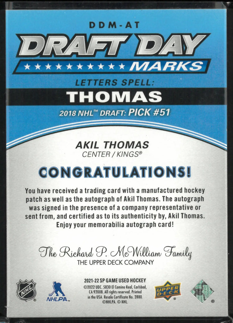 2021-22 Upper Deck SP Game Used Draft Day Marks Akil Thomas Patch Autograph /35 