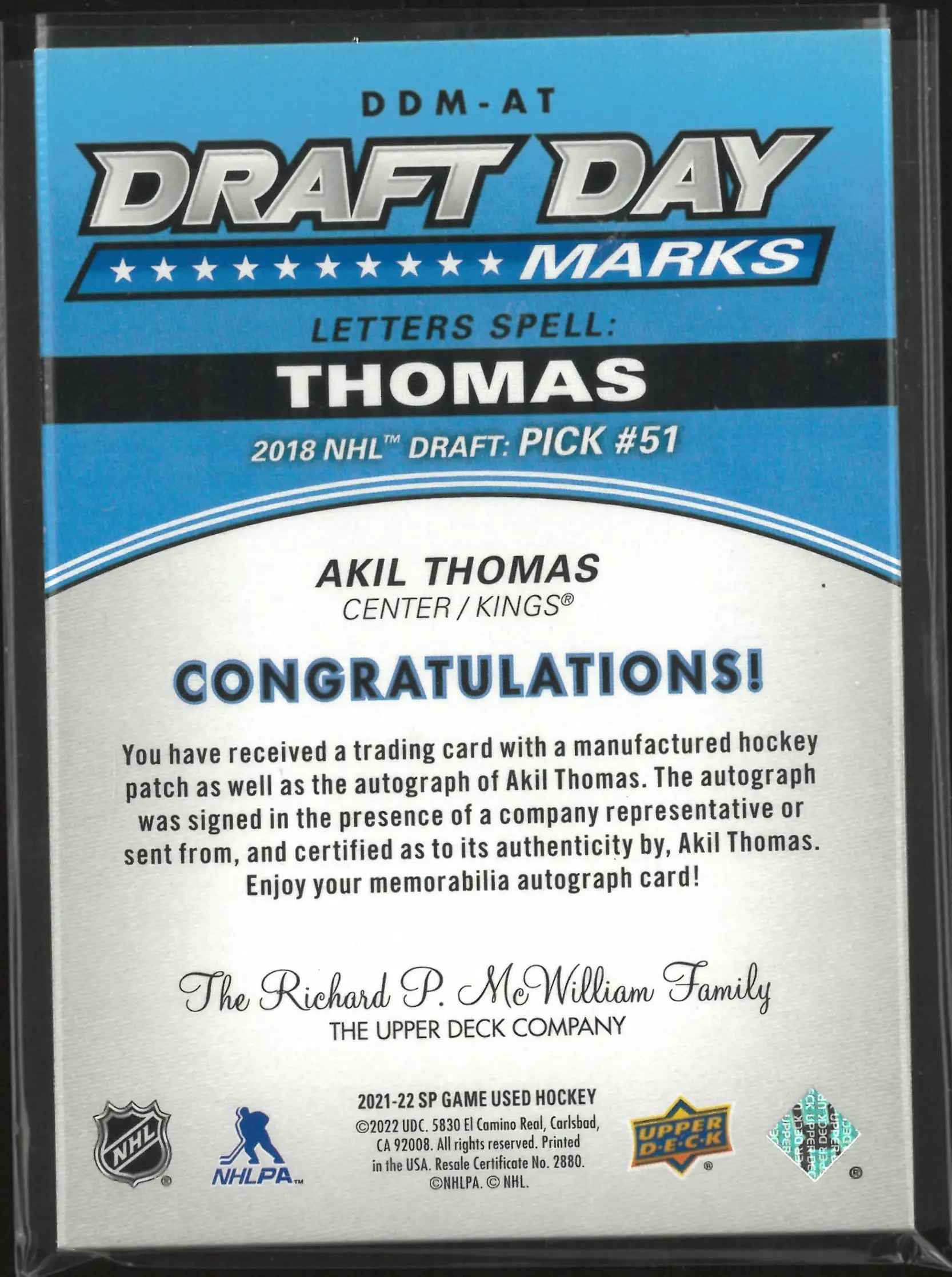 2021-22 Upper Deck SP Game Used Draft Day Marks Letters Spell O Akil Thomas Auto /35 