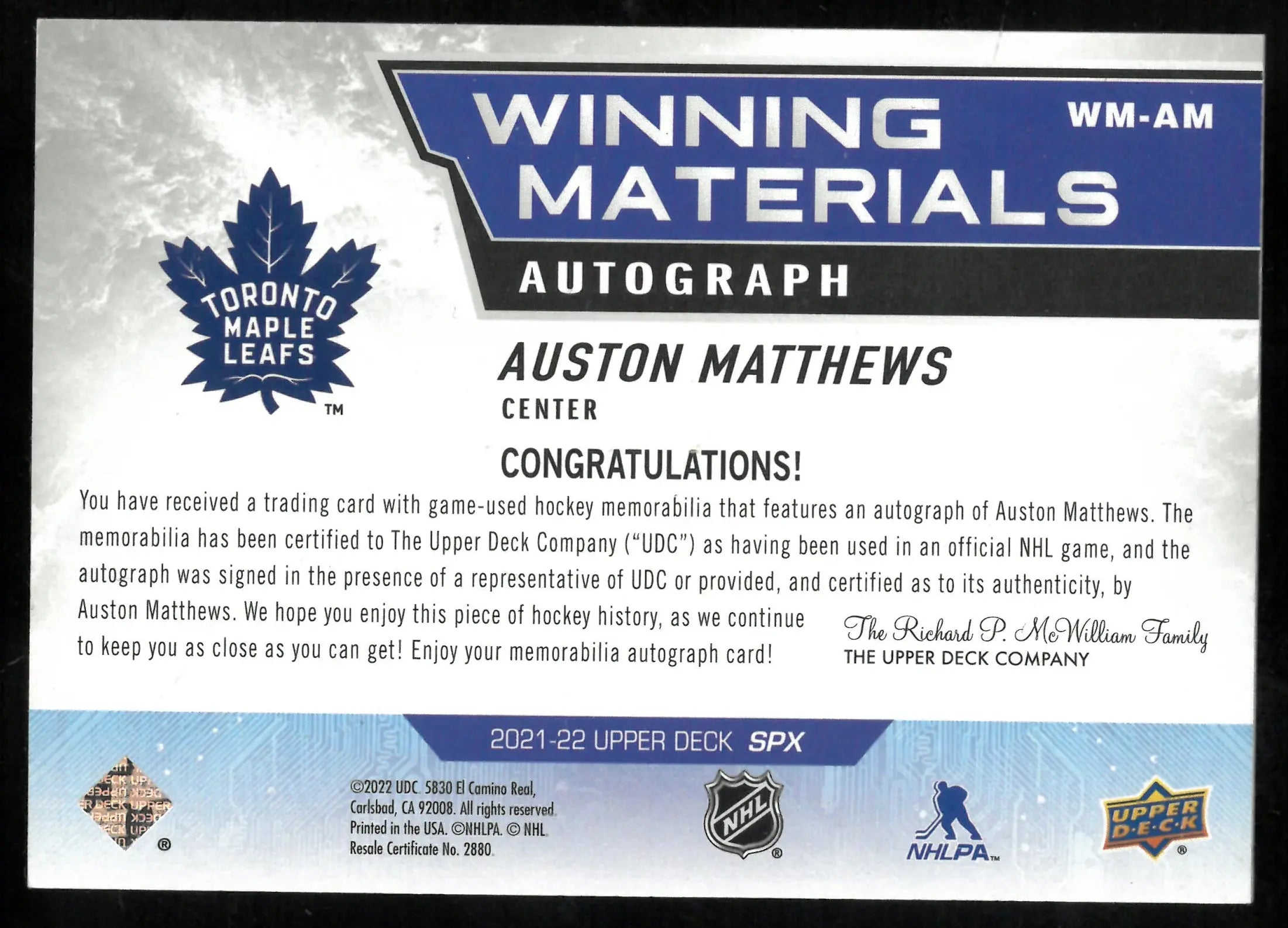 2021-22 Upper Deck SPx Winning Materials Patch Auto Auston Matthews /25 