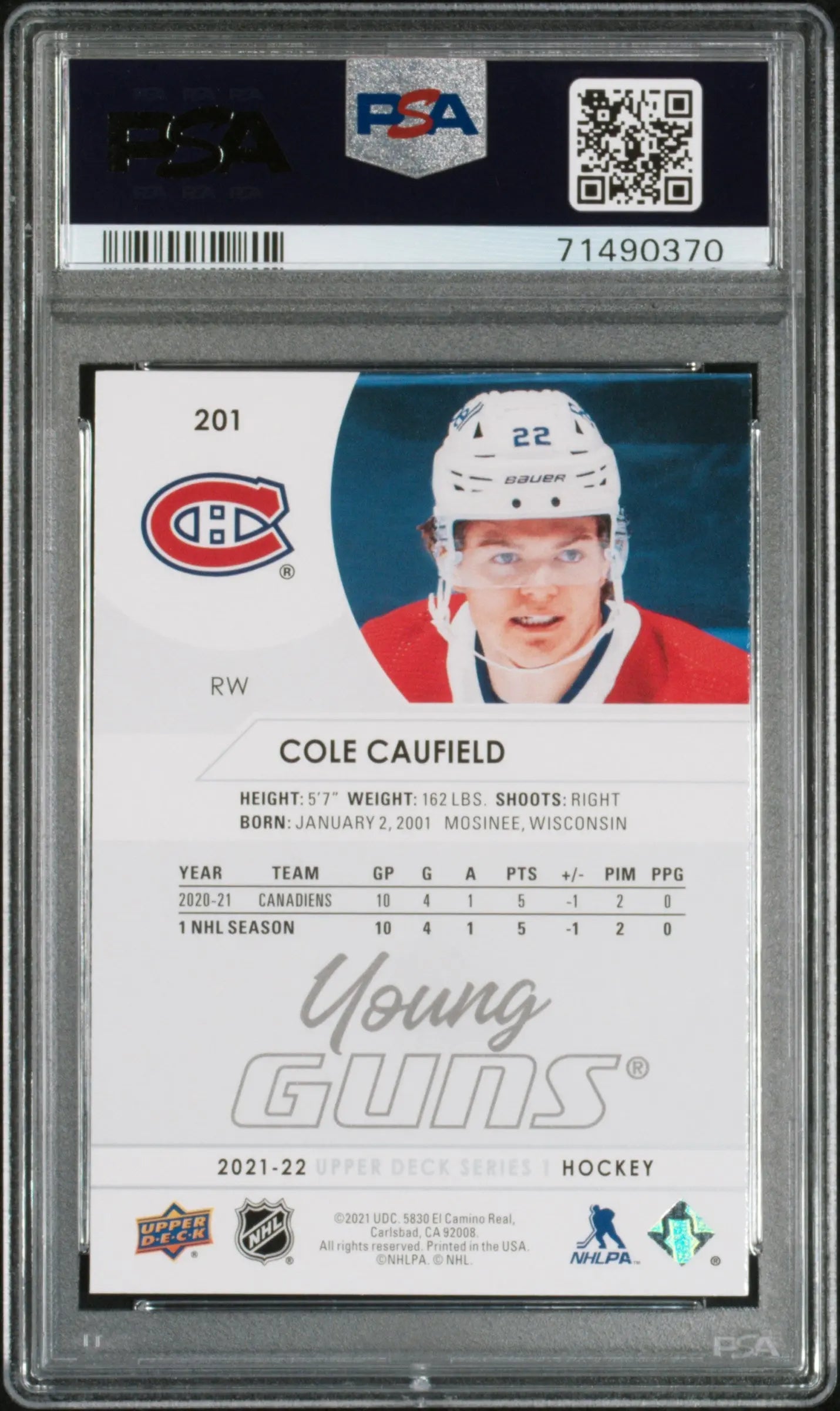 2021-22 Upper Deck Series 1 Cole Caufield Young Guns RC Rookie PSA 10 