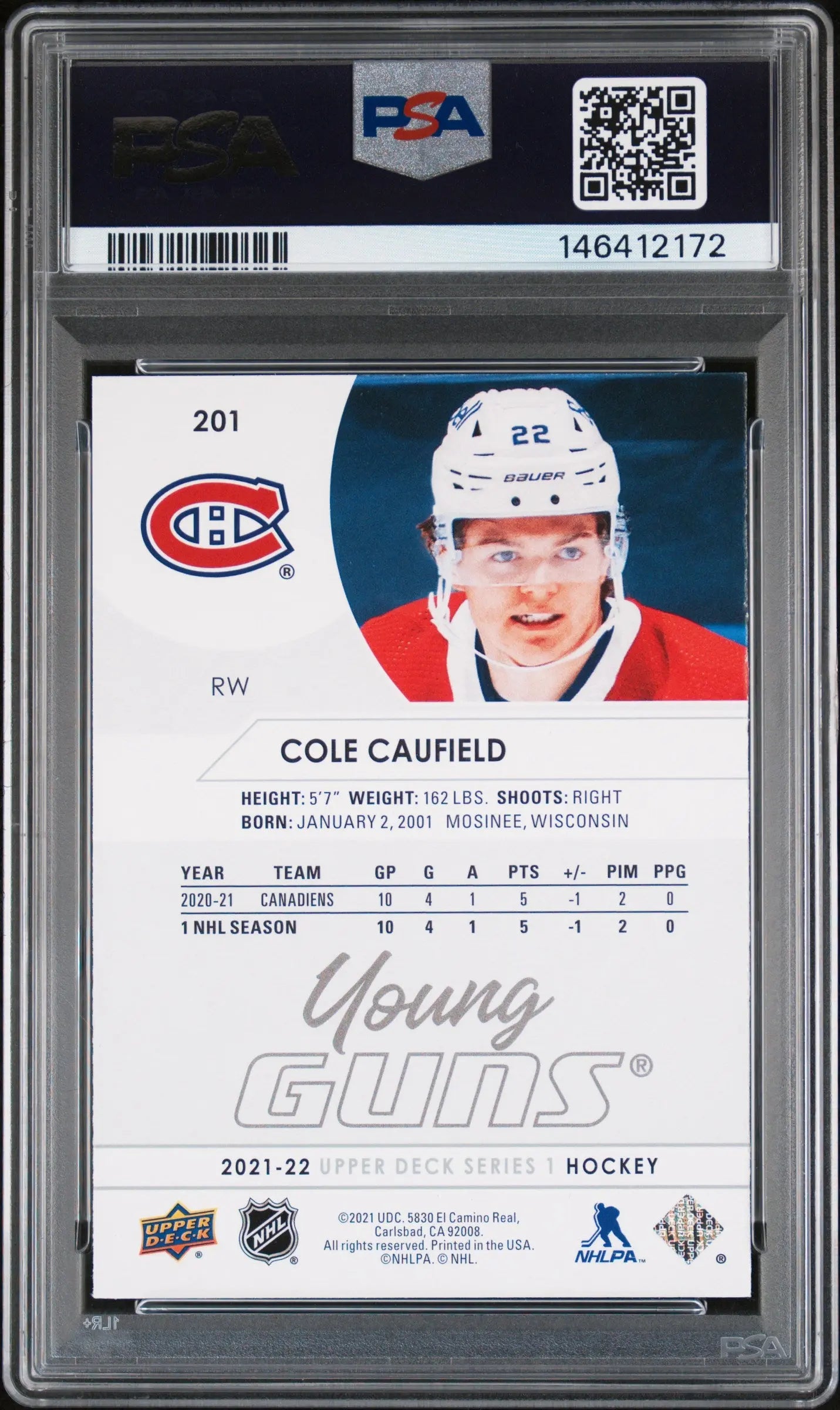 2021-22 Upper Deck Series 1 Cole Caufield Young Guns RC Rookie #201 PSA 9 