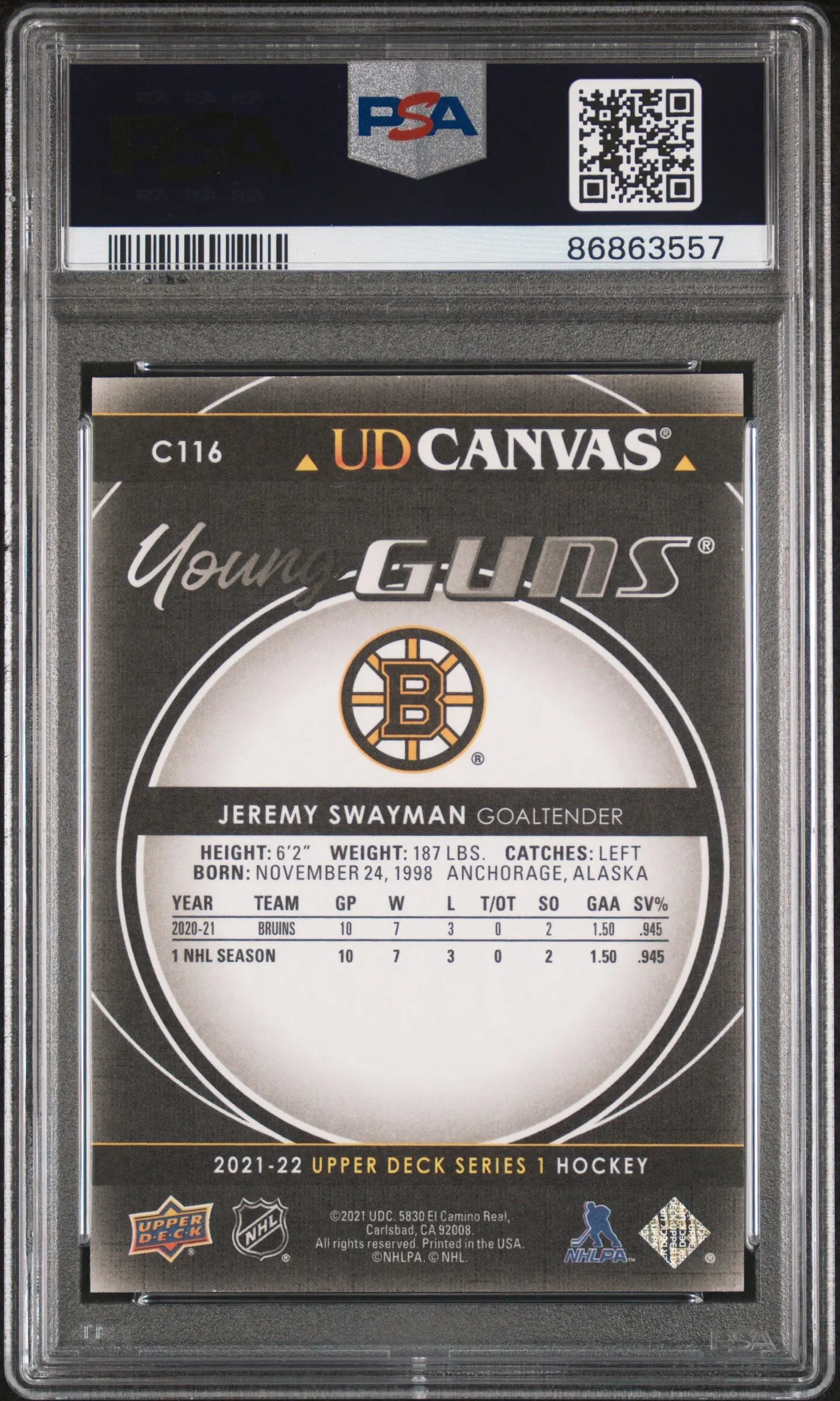 2021-22 Upper Deck Series 1 UD Canvas Young Guns RC Jeremy Swayman Black PSA 10 