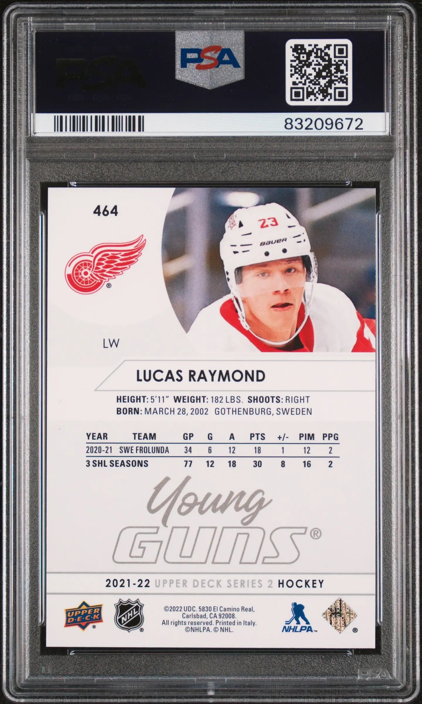 2021-22 Upper Deck Series 2 Hockey Lucas Raymond Young Guns RC PSA 10 