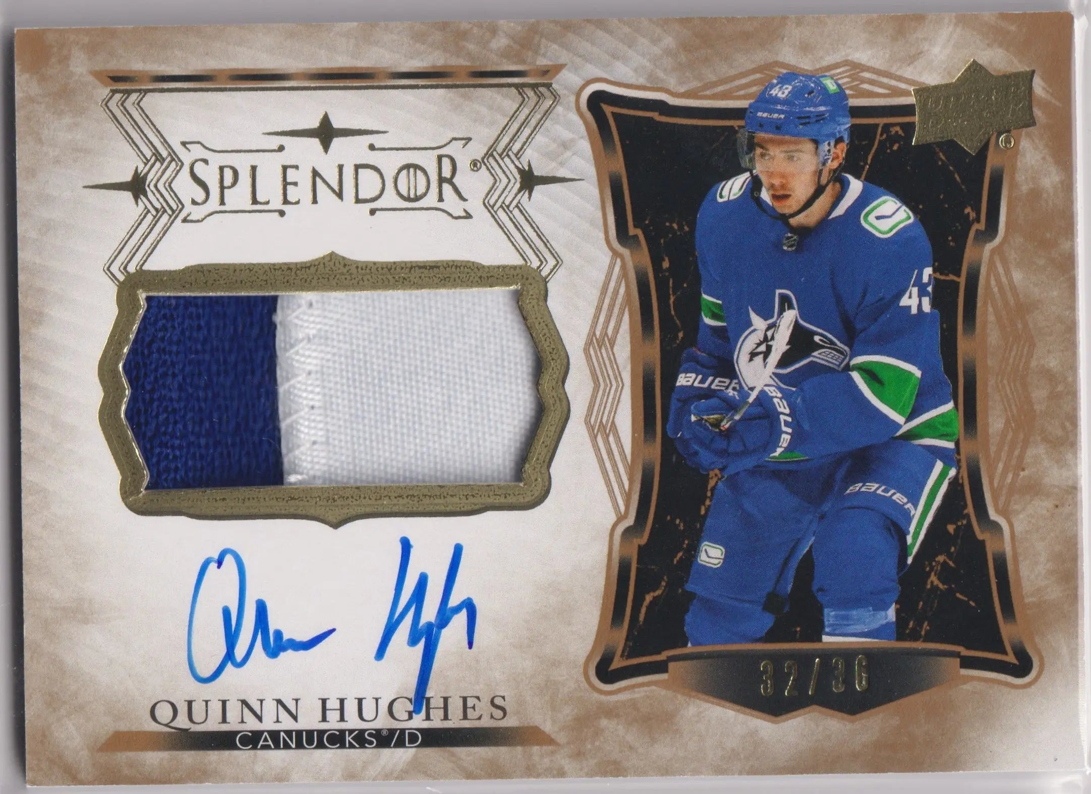 2021-22 Upper Deck Splendor Autograph Patch Quinn Hughes Auto /36 